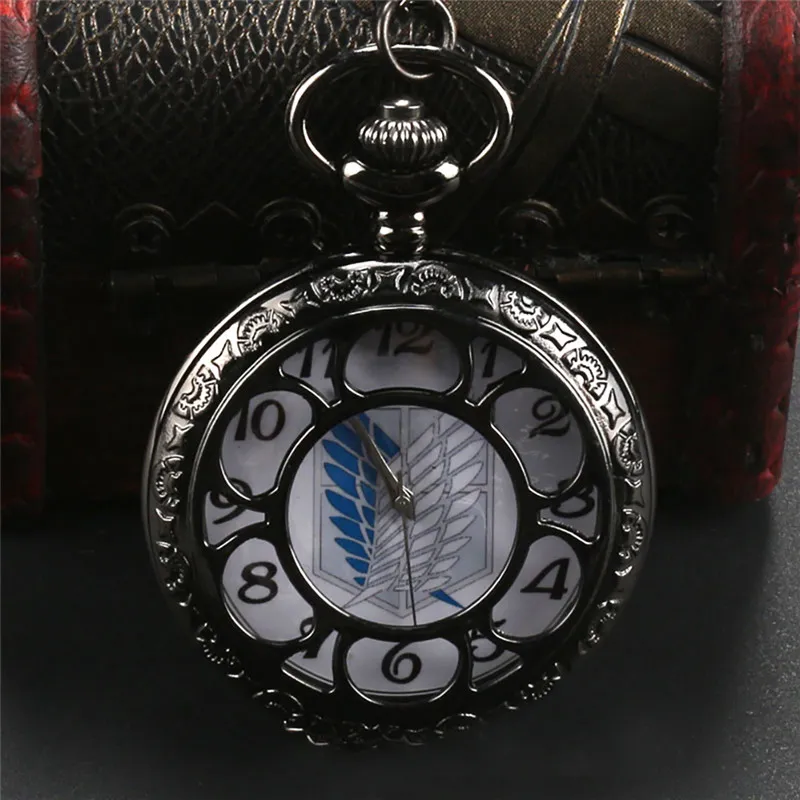 Reloj de bolsillo clásico antiguo negro Attack on Titan, relojes militares analógicos de cuarzo Vintage con collar, cadena, regalo, reloj de bolsil311x