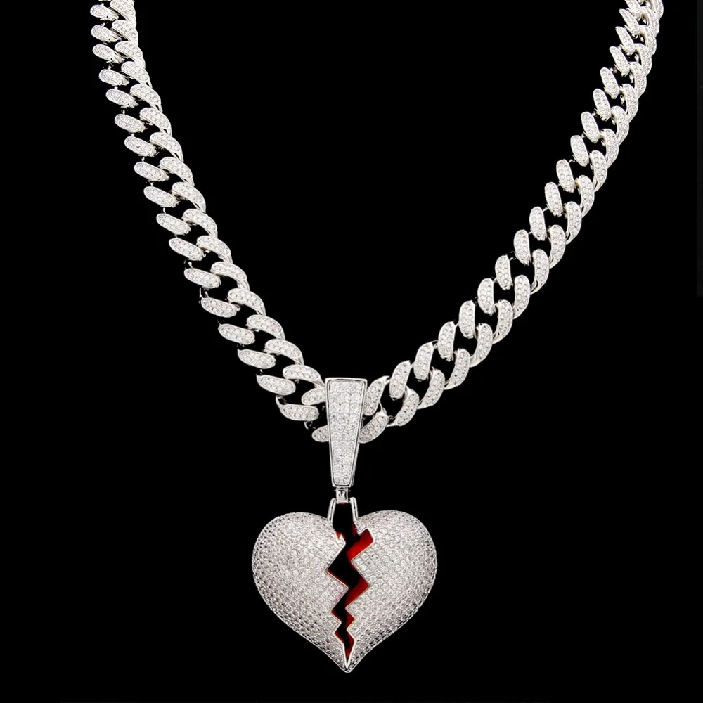 Hip Hop Schmuck Designer Halskette Iced Out Anhänger Kubanische Gliederkette Gold Diamant Break Heart Anhänger Luxus Bling Charm Rapper Me210O