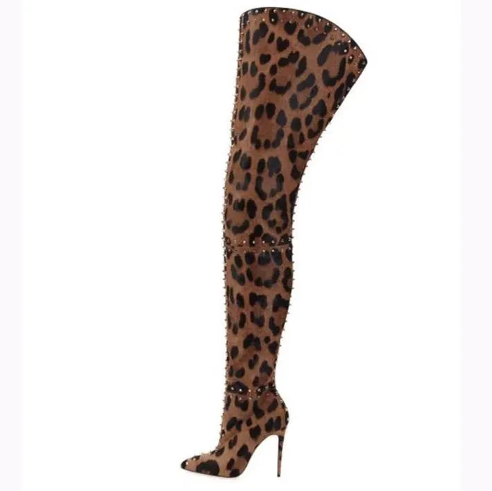 rontic 새로운 여성 허벅지 높은 부츠 스틸 레토 하이힐 부츠가 뾰족한 발가락 화려한 표범 나이트 클럽 신발 여성 플러스 미국 크기 5-15