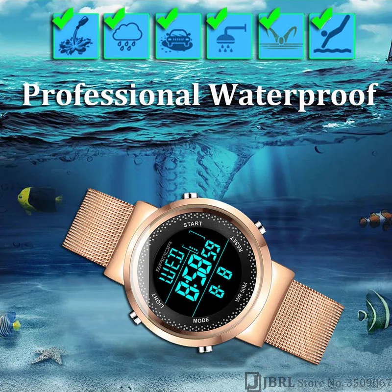 Edelstahl Digitaluhr Frauen Sportuhren Elektronische Led Damen Armbanduhr Für Frauen Uhr Weibliche Armbanduhr Wasserdicht V229P