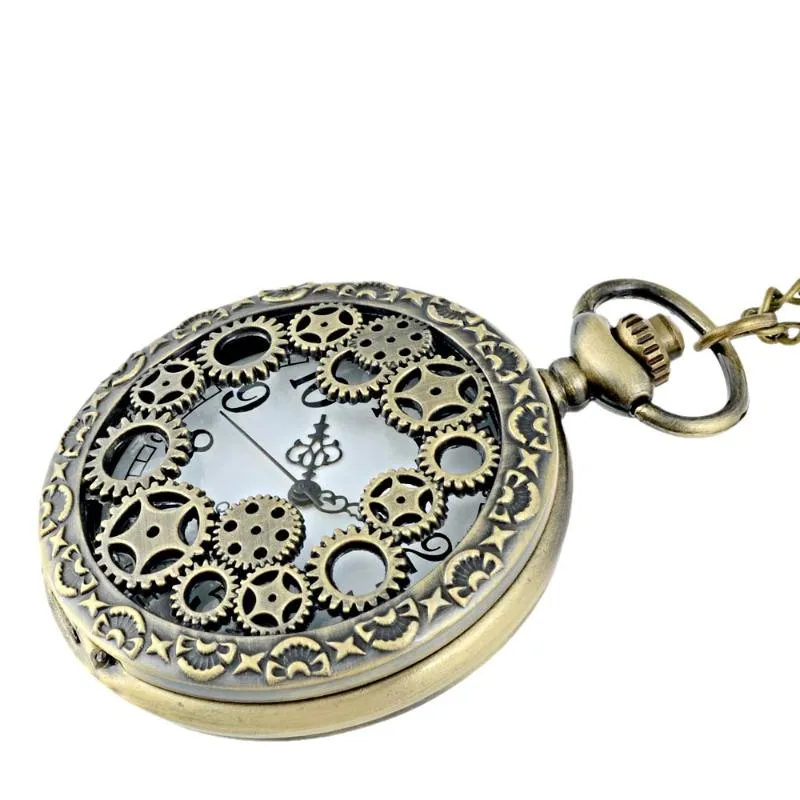 Zegarki kieszonkowe klasyczne vintage brązowe steampunk kwarcowe zegarek z łańcuchem retro mężczyźni kobiety punkowe wisiork naszyjnik