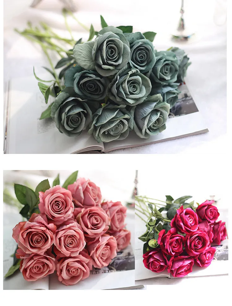 10 unids / lote decoraciones de boda Material de tacto real Flores artificiales Ramo de rosas Decoración del partido en casa Seda falsa tallo único Flow265o