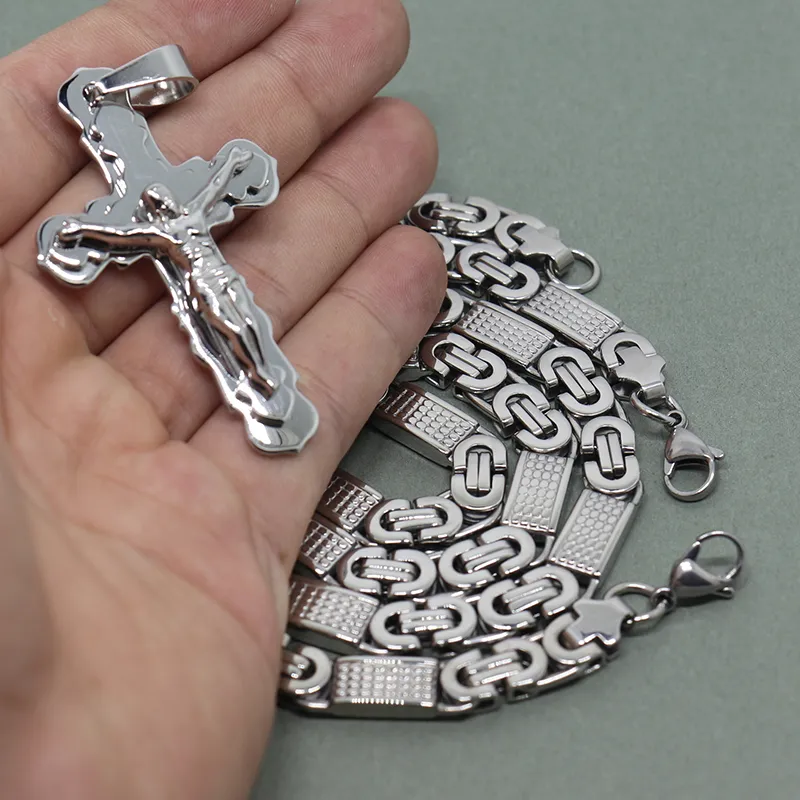 قلادة من الفولاذ المقاوم للصدأ 8 مم مسطح سلسلة من الفولاذ المقاوم للصدأ للرجال يسوع عبر المجوهرات القلادة 307g
