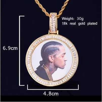 Medallones Po personalizados, collar redondo, colgante con marco Po con cadena de tenis de diamantes, hielo dorado, Rock Street, Hip hop para hombres J286P