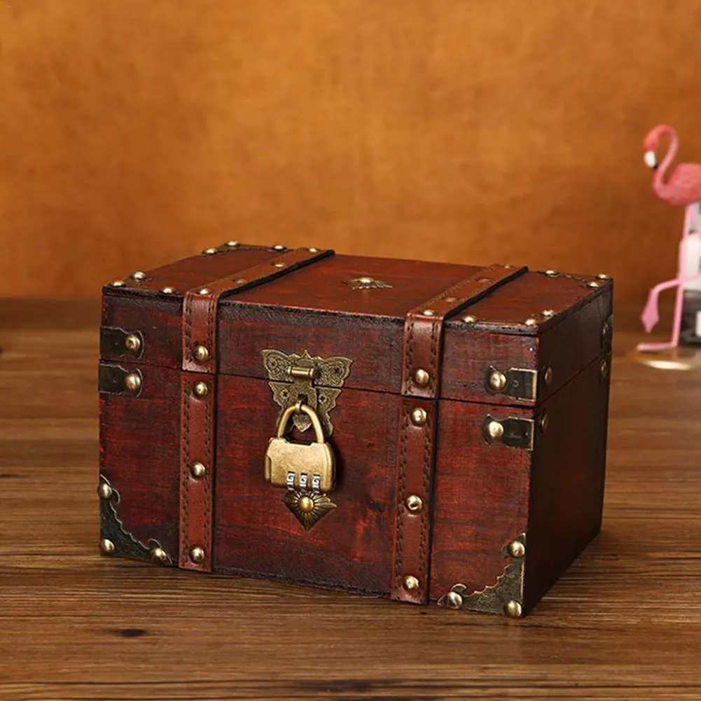 1L Vintage Trunk Wooden Storage Box Case Organizer Container Retro Style Leather Treasure Chest Decorative Box 2 Size Chest