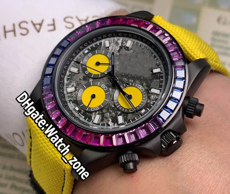 Versión PVD Caja negra 116500LN Esfera amarilla con garabatos Reloj automático para hombre Correa de cuero de nailon amarillo Bisel de diamantes arcoíris Wa210k
