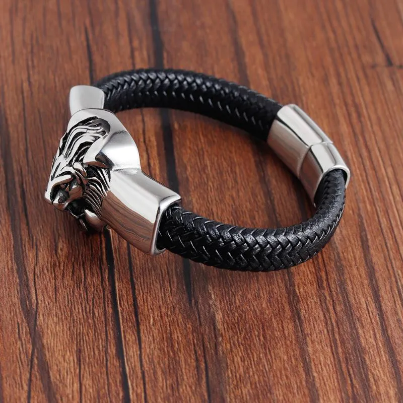 Leão corda de couro masculino pulseira de aço inoxidável fecho magnético trançado multi camada envoltório braçadeira na moda pulsera hombre285l