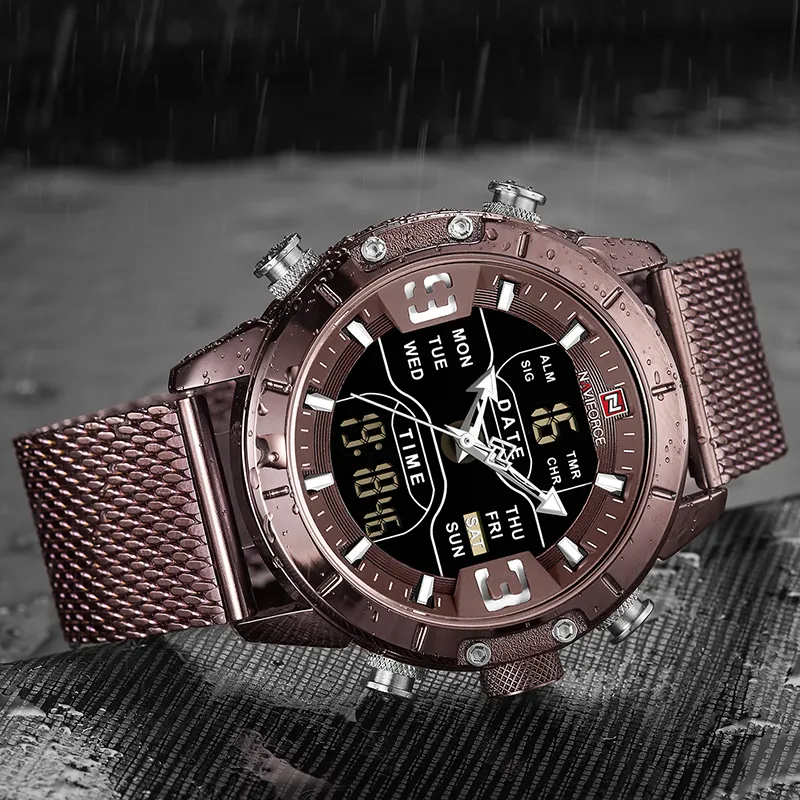 NAVIFORCE часы Топ Элитный бренд мужские военные кварцевые наручные часы из нержавеющей стали с сеткой спортивные часы аналоговые цифровые мужские часы 282T