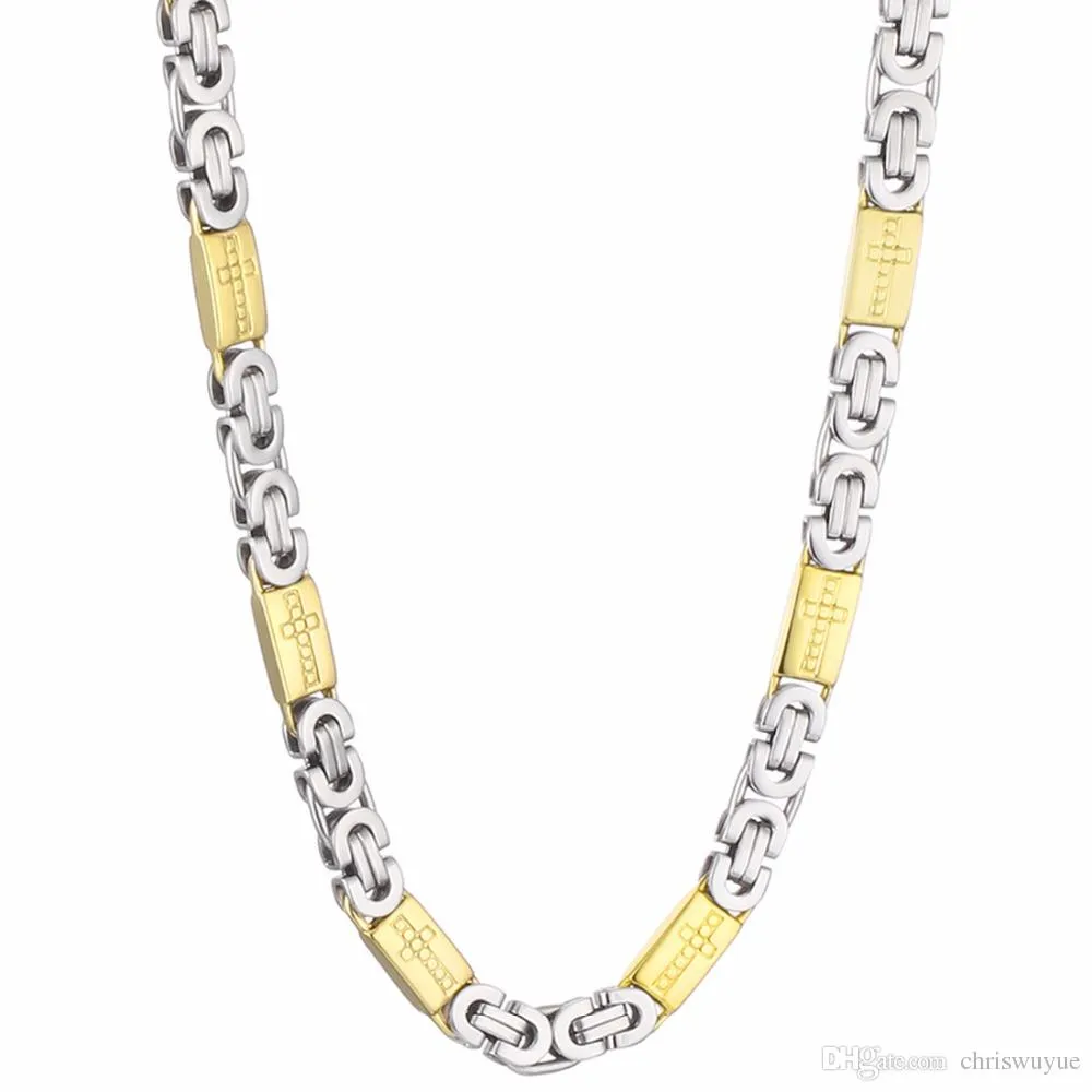 Rostfritt stålhalsband av hög kvalitet Mens kedja byzantinsk snidade kors män smycken guld silver ton 8mm bredd 55 cm längd 22 tum287x