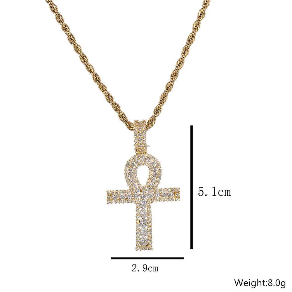 Ciondolo croce Ankh Oro Argento Materiale rame Zircone ghiacciato Chiave egiziana della vita Collana con ciondolo Uomo Donna Gioielli HipHop297o