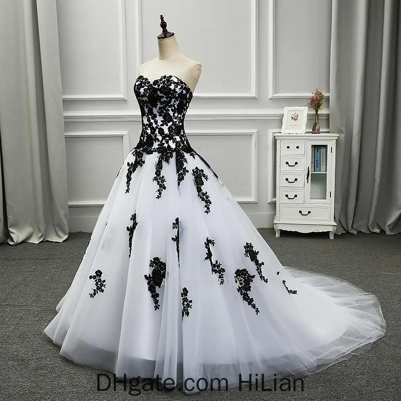 White Black Elegant White and Black Wedding Dresses Appliqued Sweetheart Bridal Gowns Tulle Custom Made Wedding Formal Occasion