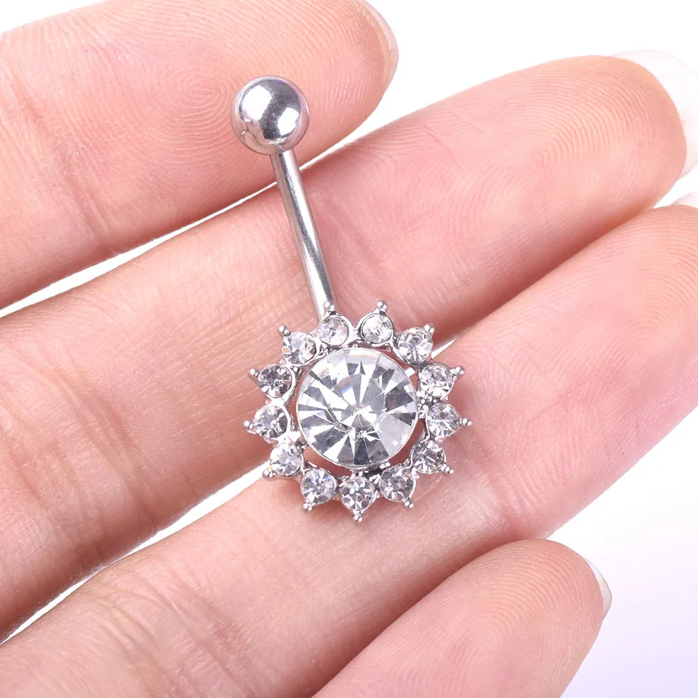 Sexig Wasit Belly Dance Crystal Body Jewelry Rostfritt stål Rhinestone Navel Bell Button Piercing Dingle Rings for Women Star Sun Flower