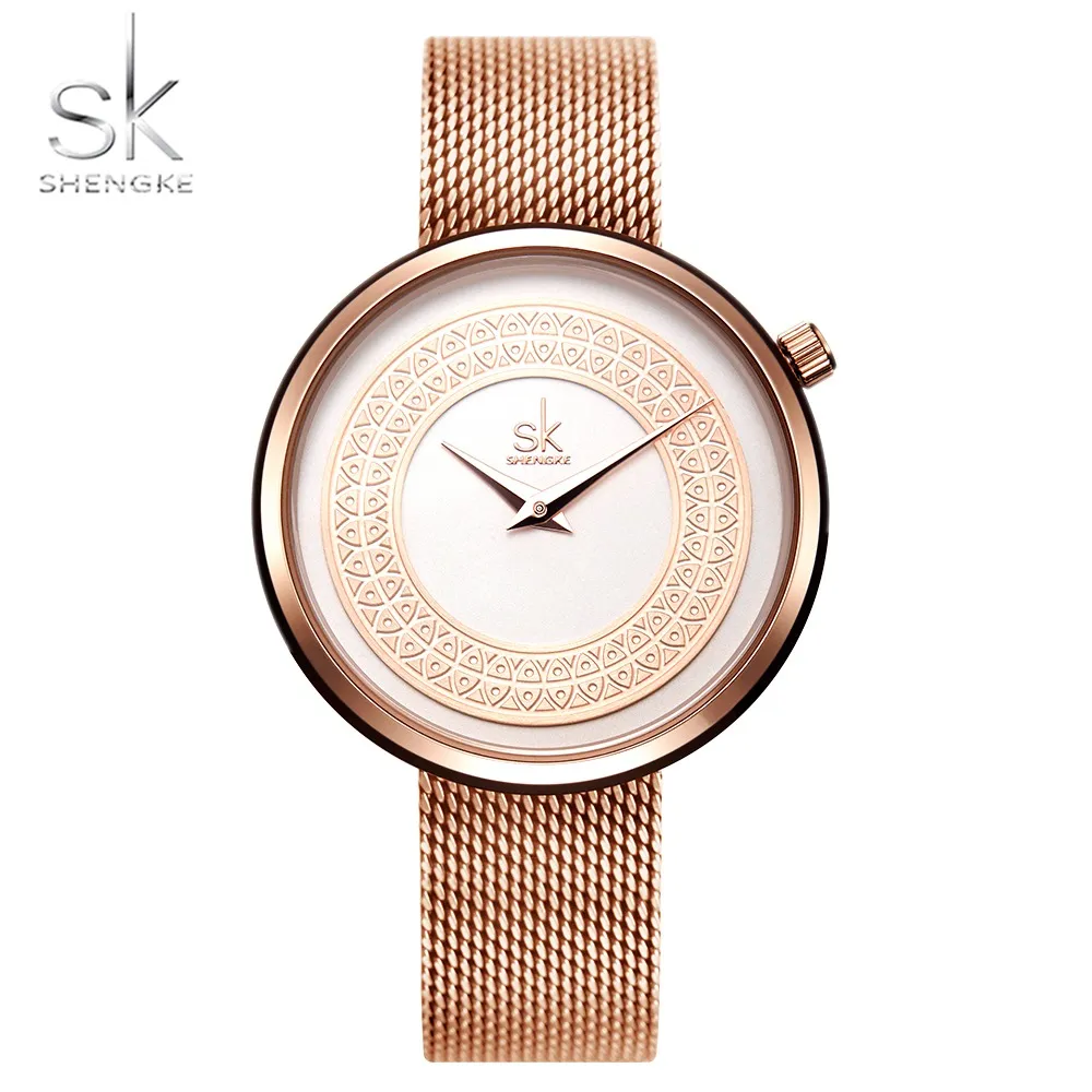 Shengke Dress Watch Watch Women Metal Mesh Fashion Clock Vintage Design Panie Watch Luksusowa marka klasyczna Bayan Kol Saati3032