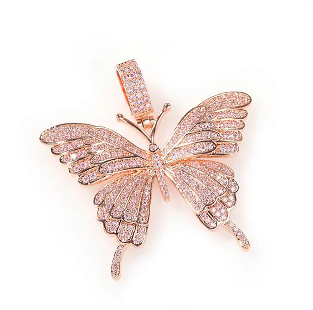 Iced Out roze vlinders hanger ketting met 24 inch tenniskettingen zirkonia sieraden 235K