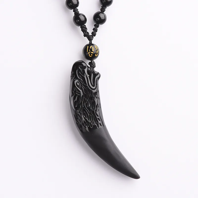 Neue ganze 100 % natürliche Obsidian Wolfszahn Anhänger Zahn Amulett und Übertreibung Punk Halskette Lucky Win Necklace222u