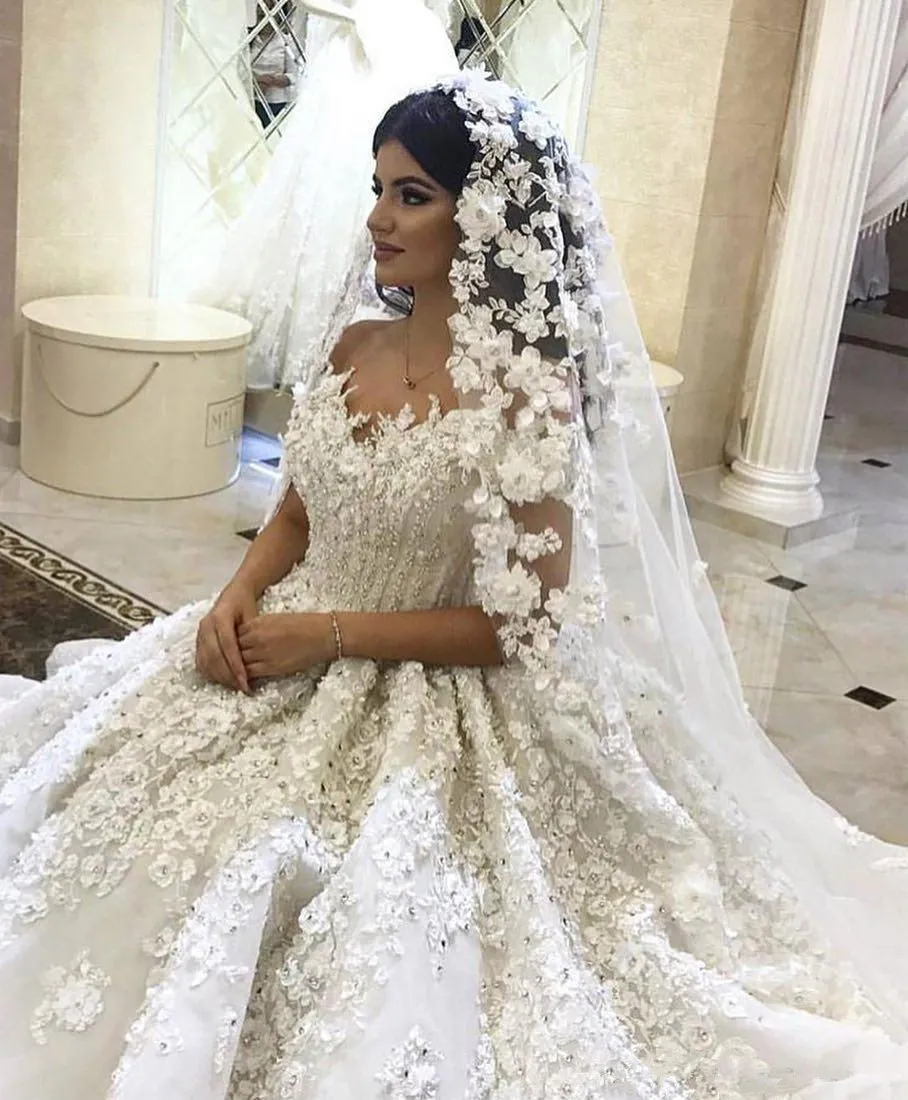 2022 Luxury 3D Lace Flowers Off Shoulder Ball Gown Wedding Dresses Vintage Princess Saudi Arabic Dubai Plus Size Bridal Gown BC10174 w59