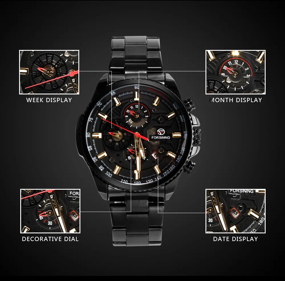 Foresining Mechanical Watch Men Multifunctionele roestvrije waterdichte complete kalender Militaire automatische horloges Montre Relogio LY1222L