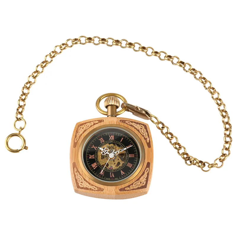 Steampunk Vintage Square Real Wood Automatic Mechanical Pocket Watch Men Women Skeleton Dial Watches Pendant Chain Clock217u