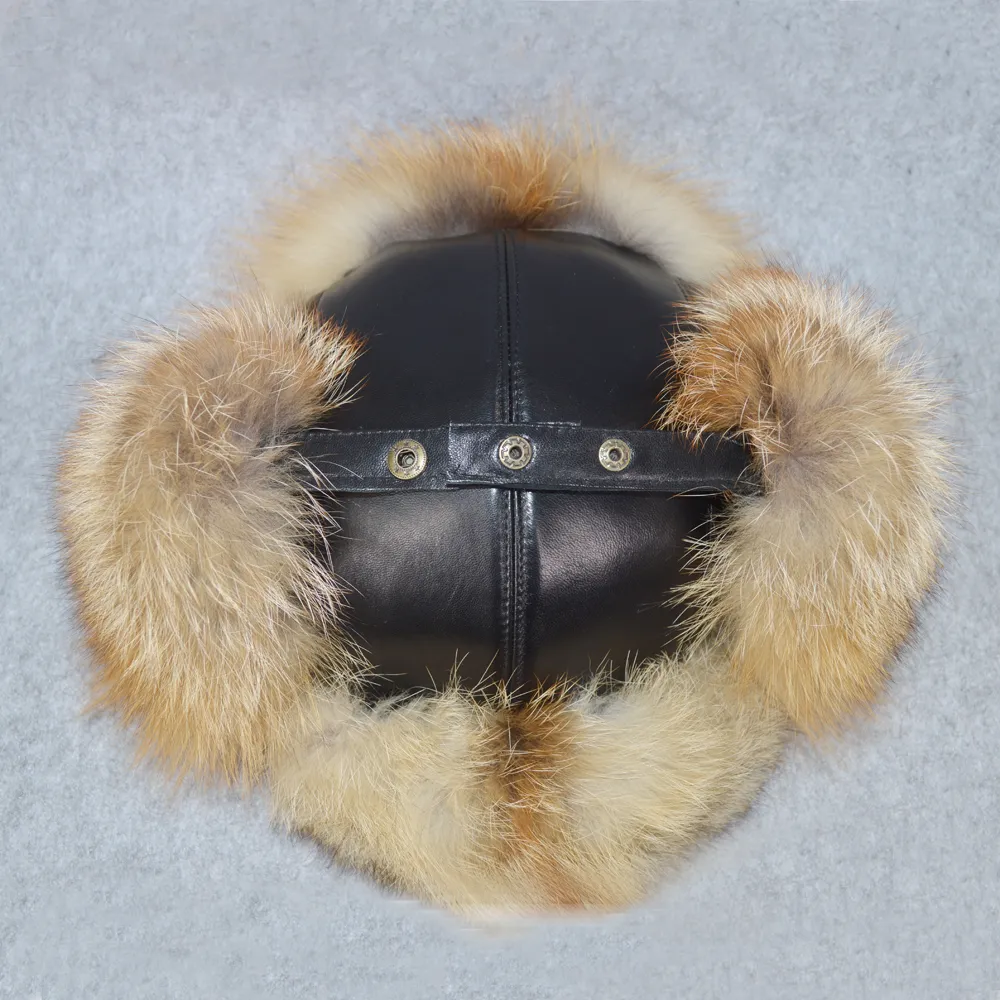 100% Natural Real Fox Fur Bomber Hat Ryssland Winter Warm Soft Fluffy Real Fox Fur Cap Men Quality äkta Sheepkin Leather Hats314s