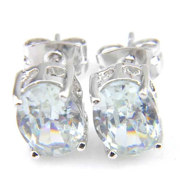 Luckyshine unisex 12 pares óvalos gemas de diez rianas de cristal brillante 925 pendientes de sementales plateados de plata esterlina Cz Circon Stud Earr314s