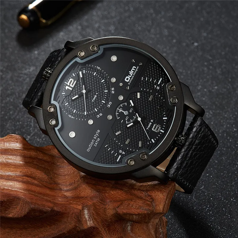 Oulm duże zegarki dla mężczyzn wiele strefy czasowej sportowy kwarc zegar męski swobodna skóra dwa projekty luksusowe marki męskie wiswatch ly242l