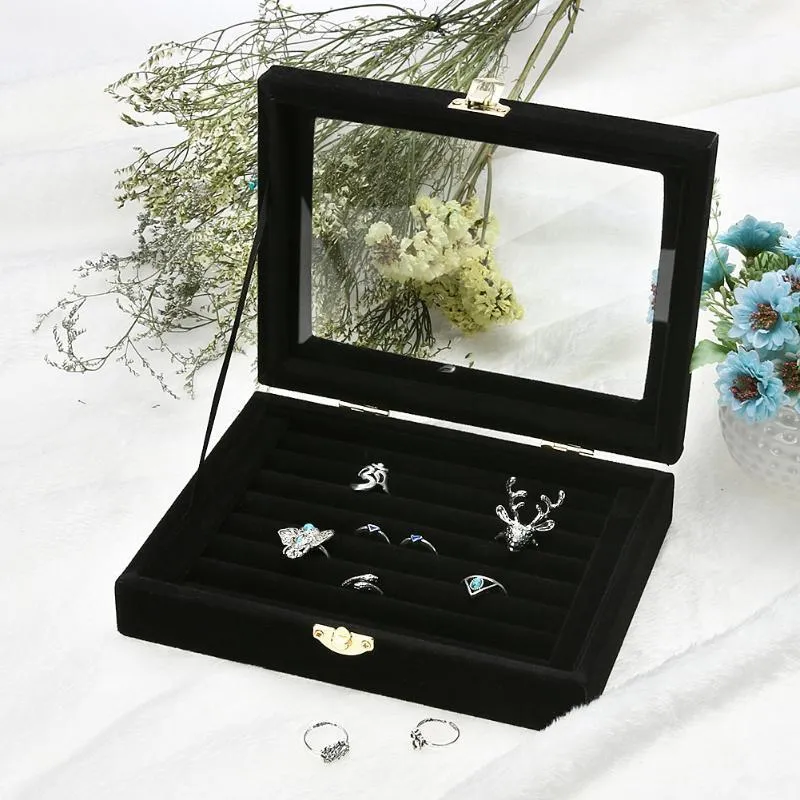 Jocestyle nova caixa de jóias de veludo jóias organizador display armazenamento capa vidro titular rack para anel brinco c19021601269y