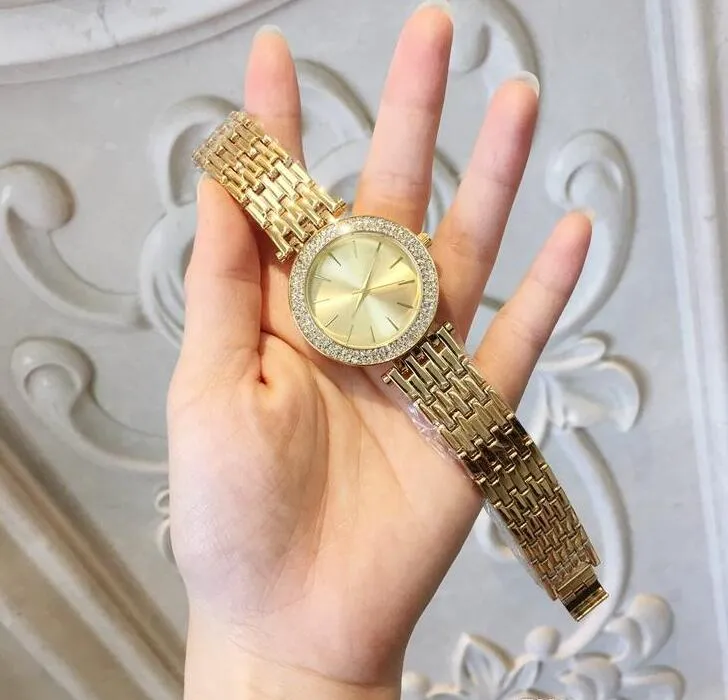 Moda mujer Reloj de mujer de moda con diamante completo Oro amarillo Oro rosa Plata Color de espalda Pulsera de acero con diamantes de imitación Cadena Señora W2390
