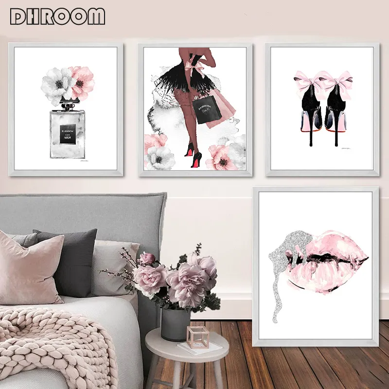 Moda arte da parede perfume lábios cartaz nórdico impressão salto alto pintura em tela mulher fotos para sala de estar decoração moderna5058348