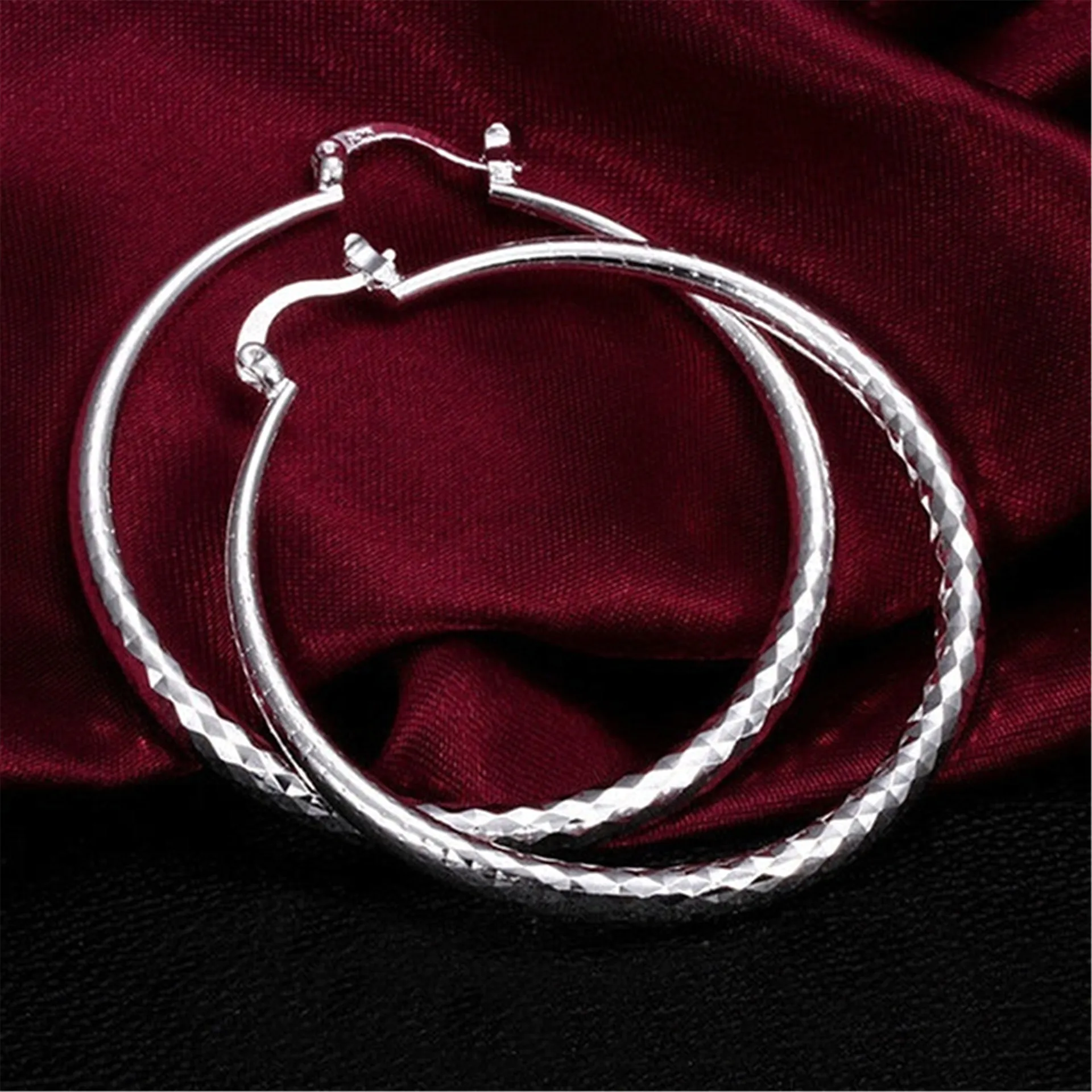 Brincos de argola redondos grandes com textura de prata esterlina 925, joias femininas 247W