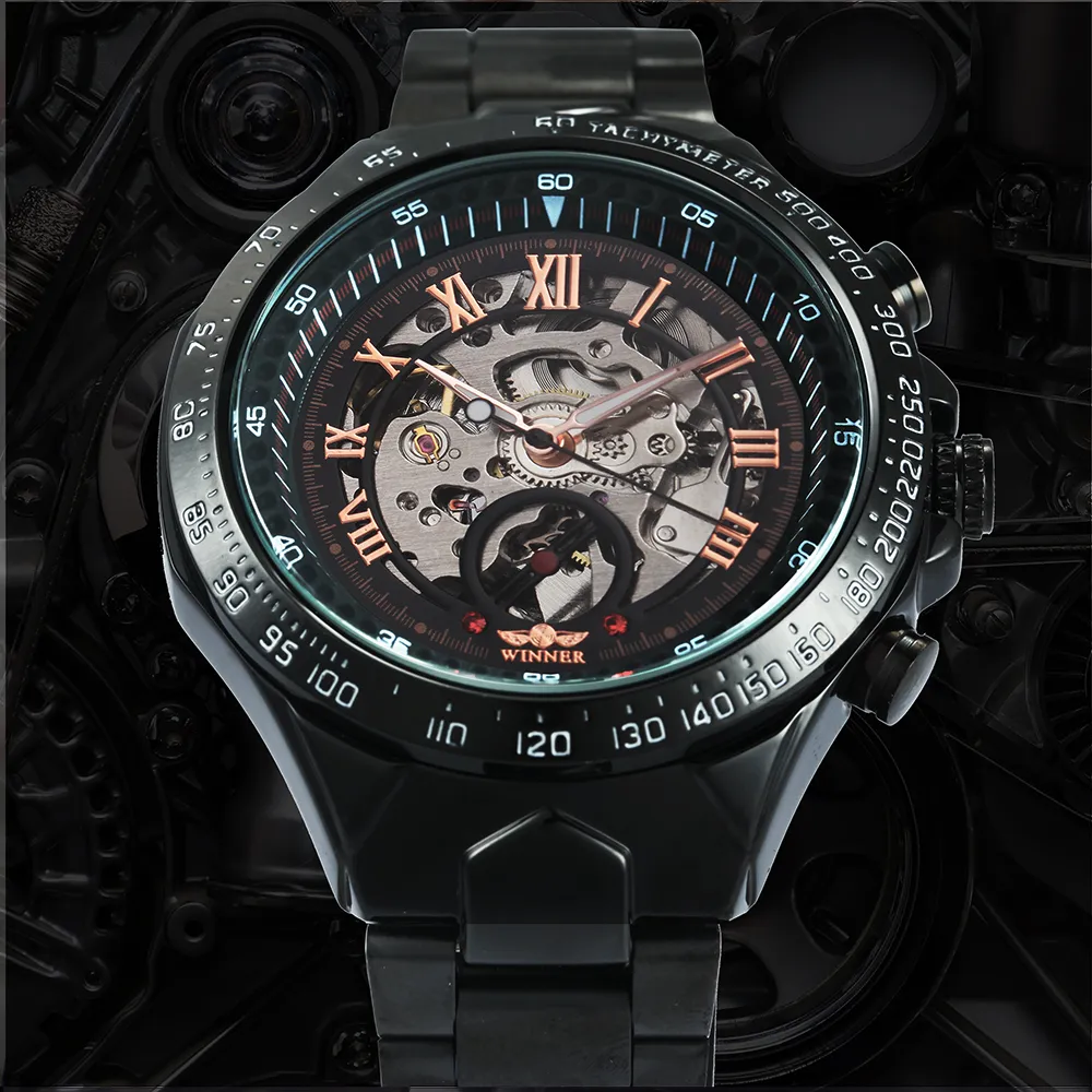 WINNER-relojes oficiales informales para hombre, reloj mecánico automático superior, esfera con mecanismo al descubierto, banda de acero, reloj de pulsera de Hip Hop 335i