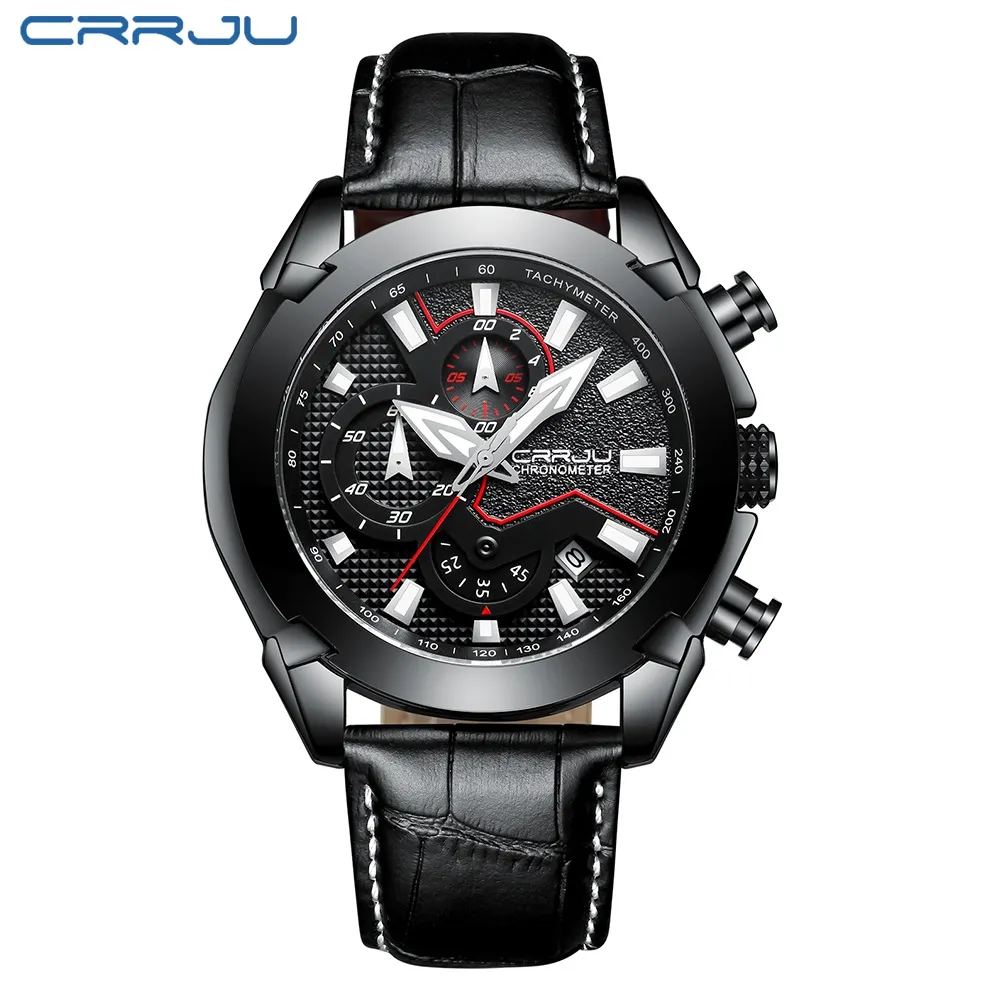 Relogio Masculino Crrju Men's Black Dial Watch Military Date Quartz Watches With Leather Belt Mens Luxury Waterproof Sport CL231Y