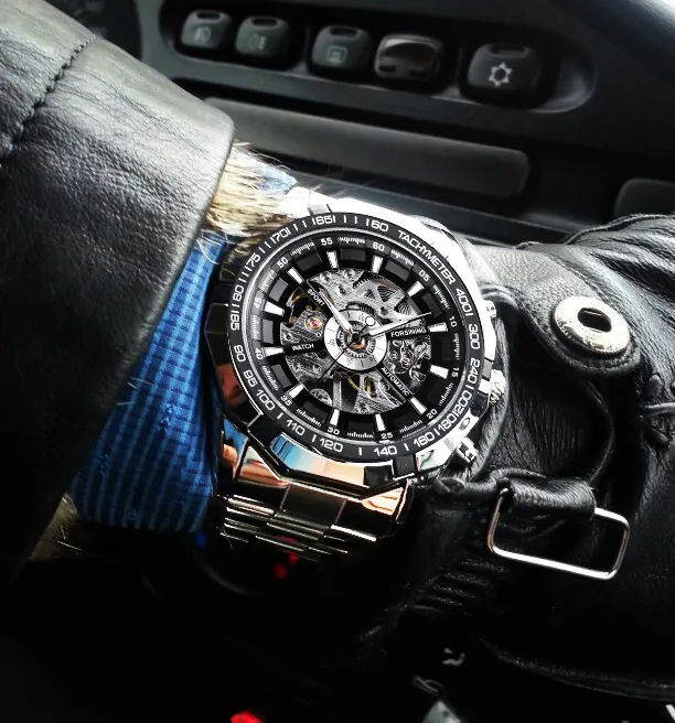 Forsining 2017 Silber Edelstahl Wasserdicht Herren Skeleton Uhren Top-marke Luxus Transparente Mechanische Männliche Armbanduhr Y12264
