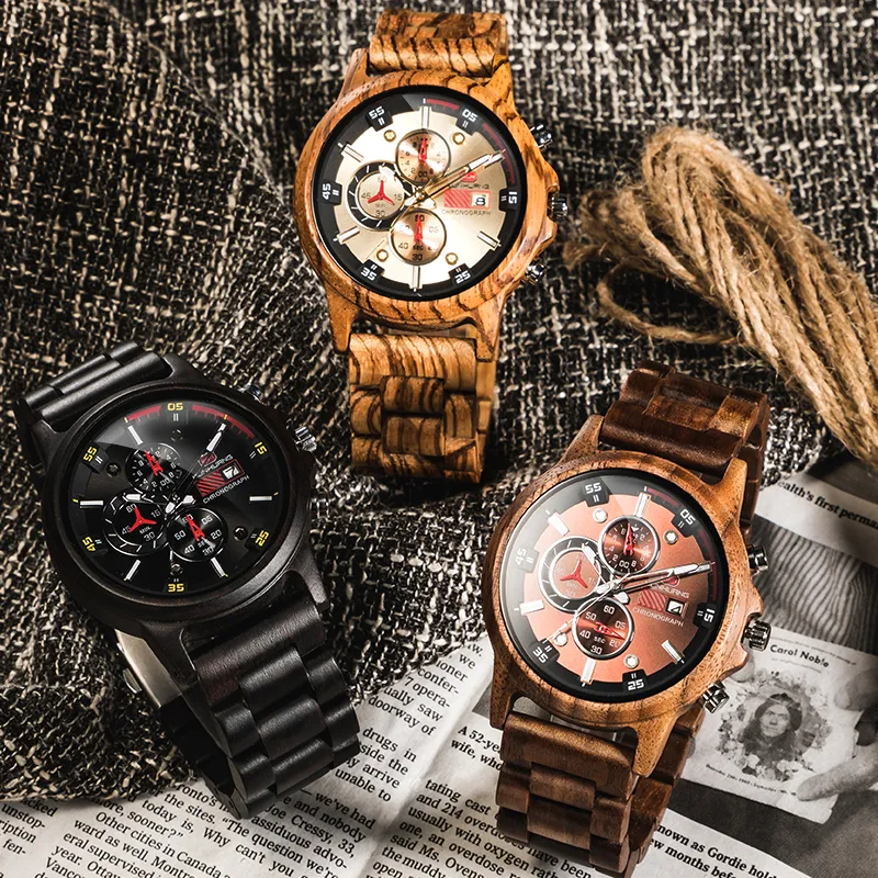 Drewniany zegarek męski z chronografią ze stali nierdzewnej Luminous Hands299Y