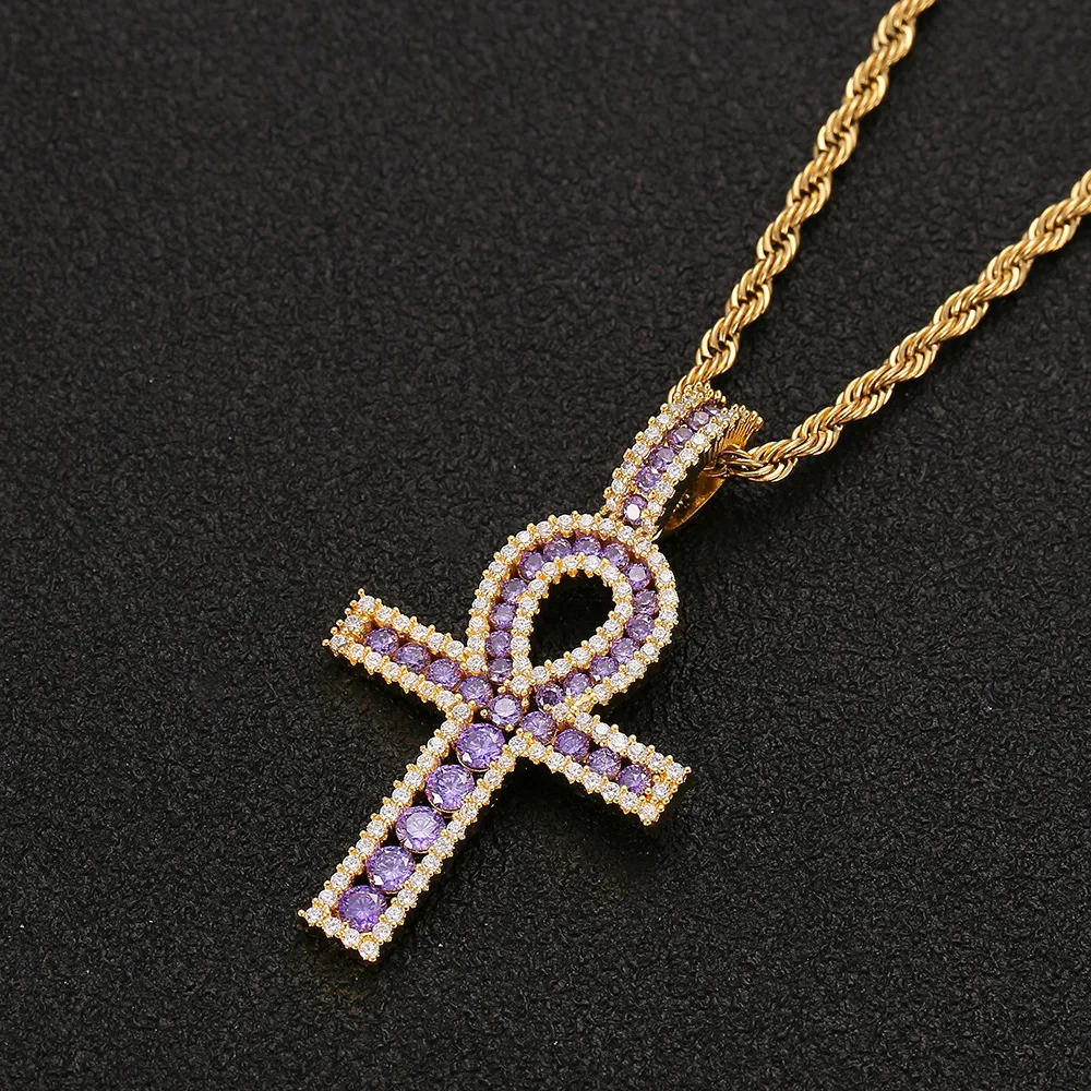 Ciondolo croce Ankh Oro Argento Materiale rame Zircone ghiacciato Chiave egiziana della vita Collana con ciondolo Uomo Donna Gioielli HipHop297o