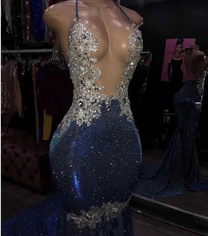 Sexy Sparkle Crystal Mermaid Prom Dresses 2020 Real Image Backless Long Prom Gowns Halter Formal Party Dress Custom Made
