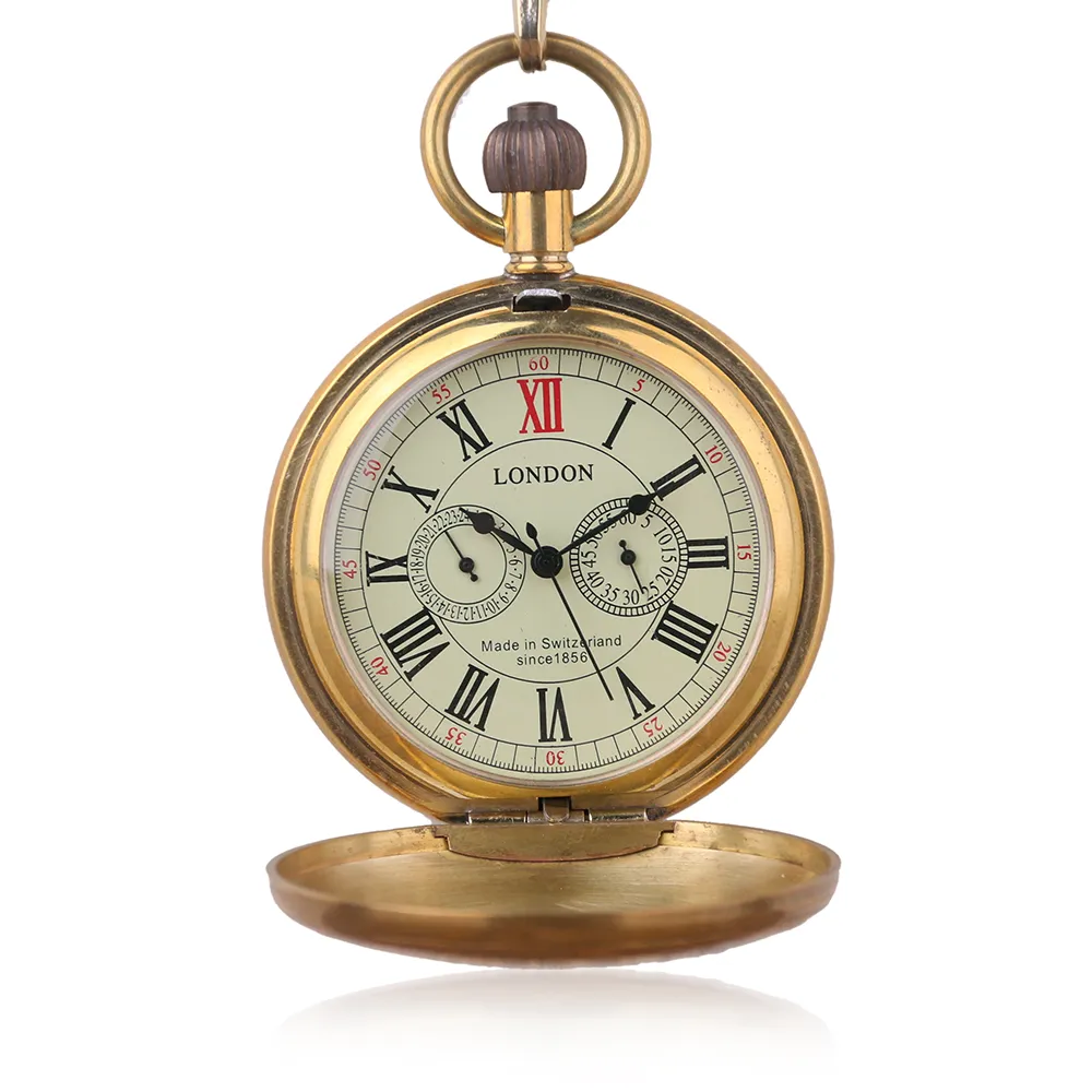 Relógio de bolso mecânico vintage retrô de cobre masculino, relógio de bolso mecânico de liga de Londres com corrente de metal Steampunk Roman252x