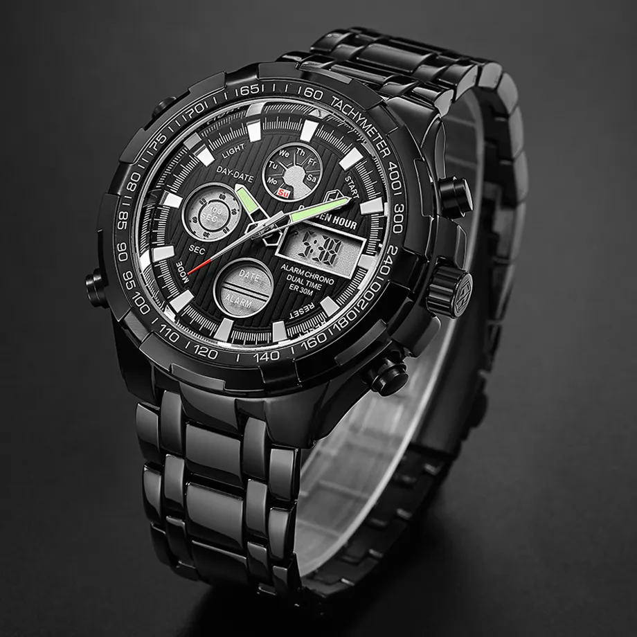 Reloj Hombre GOLDENHOUR Черные кварцевые мужские часы zegarek meski Цифровые наручные часы Военные спортивные мужские часы Relogio Masculino259s
