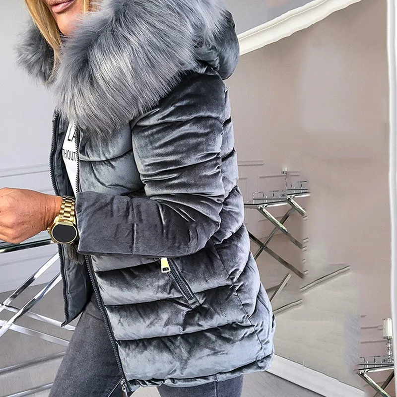 Mulheres Algodão Acolchoado Jaquetas Cinzento Cauz Côpete Colar Pele Grosso Moda Básico Neve Outerwear Inverno Veludo Jaqueta Casaco Plus Size
