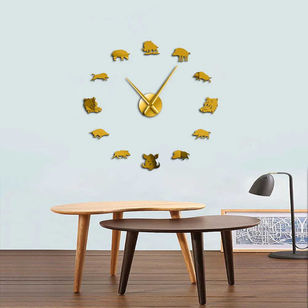 Sus Scrofa Figuras de Javali Arte de Parede Adesivos de Espelho DIY Relógio de Parede Gigante Porco Selvagem Grande Relógio de Suspensão Relógio de Parede Presentes de Caçador Y23868994
