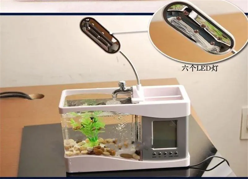 Newest Mini USB LCD Desktop Lamp Light Fish Tank Multi-fonction Aquarium Light LED Clock White Black Valentine Christmas days gift210v