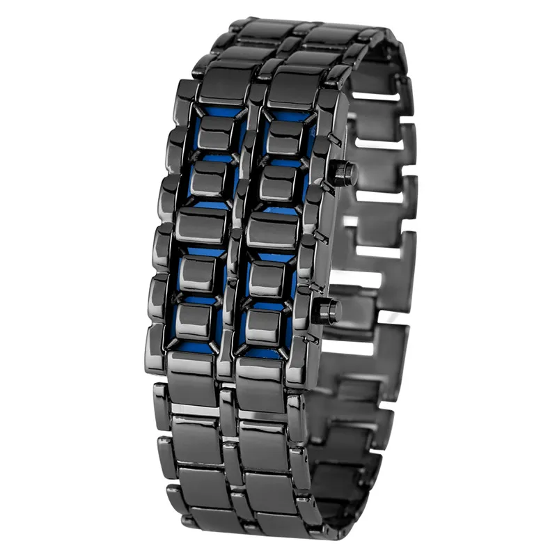 Mode Zwart Zilver Volledig Metalen Digitale Lava Polshorloge Heren Rood Blauw LED Display Heren Horloges Cadeaus voor Mannelijke Jongen Sport Crea331r