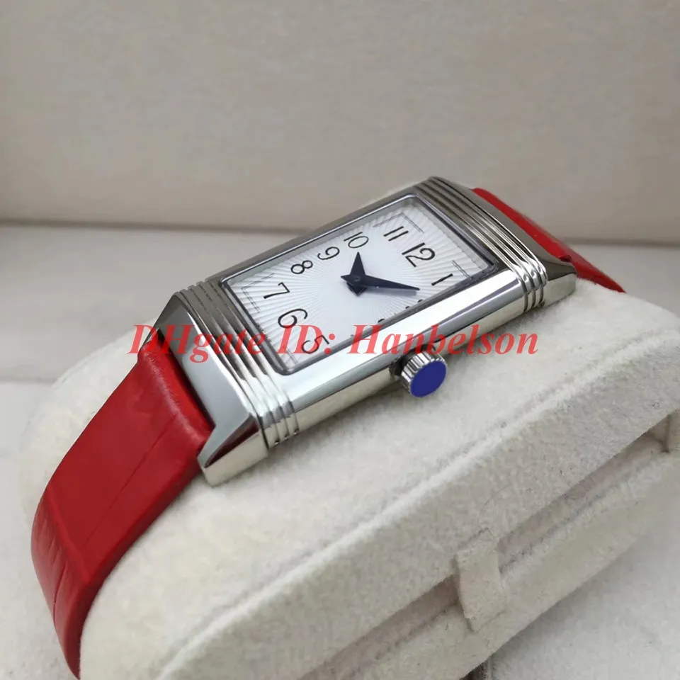 새로운 시계 3352420 다이아몬드 직사각형 레이디 시계 reverso 고품질 케이스 플립 기능 가죽 스트랩 쿼츠 손목 Watch2954