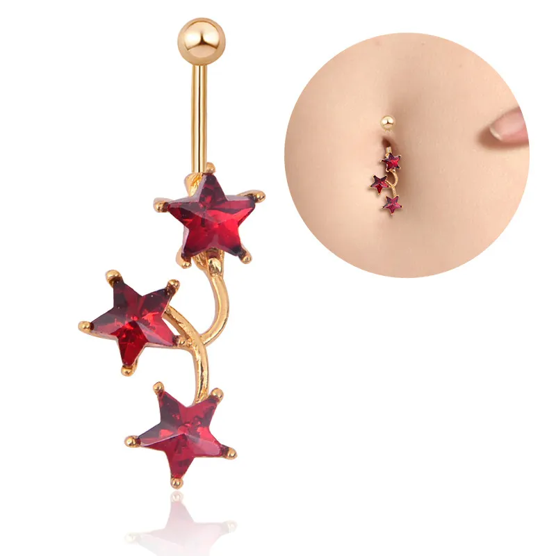 Sexy étoile couleur rouge Wasit danse du ventre cristal bijoux de corps en acier inoxydable strass nombril cloche bouton Piercing anneaux pour femmes