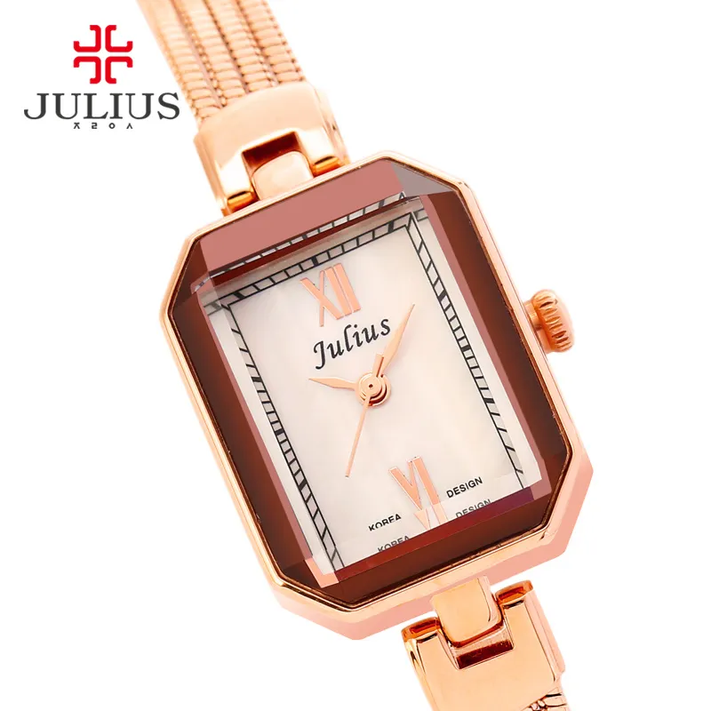 JULIUS Прямоугольник Последние женские часы 7 мм Ультратонкие известные бренды Дизайнерские часы Медный браслет Розовое золото Серебро JA-716306N