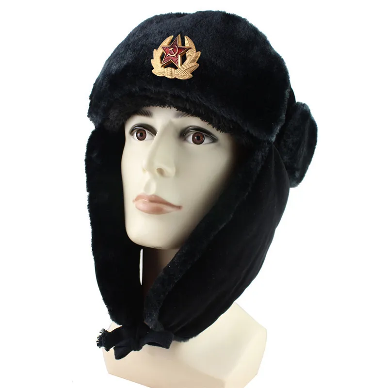 Sovjetisk armé militäremblem Ryssland Ushanka Bomber Hats Pilot Trapper Trooper Hat Winter Faux Rabbit pälar Earflap Men Snow Caps D1901327H