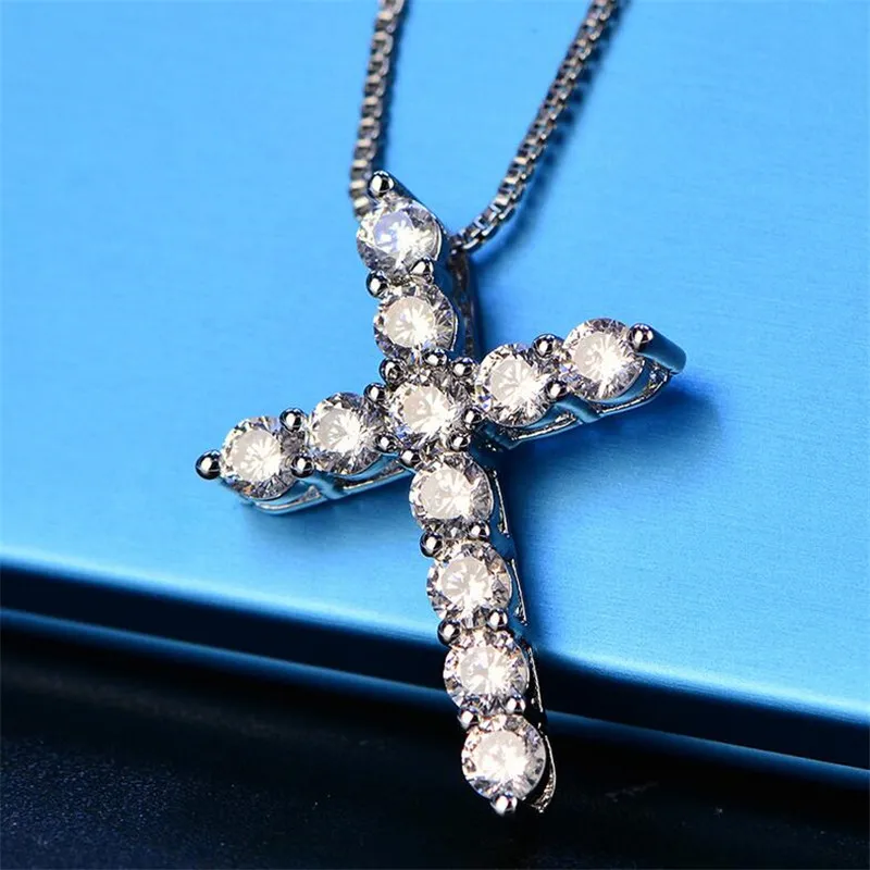 Neue Ins Cross Anhänger Luxusschmuck 925 Sterling Silber Round Schnitt weiße Topaz CZ Diamond Gemstones Lucky Party Frauen Halskette Wit3267