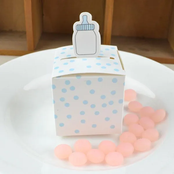 forme de biberon boîte-cadeau points roses et bleus dessin animé bébé douche anniversaire faveur boîtes de bonbons célébration fête papier Box255n