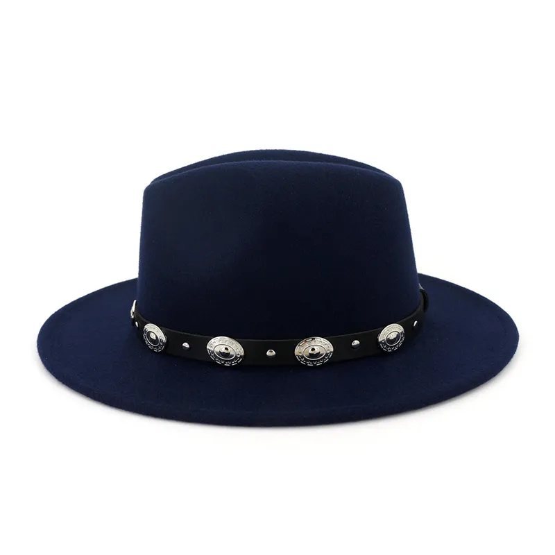 Трендовый пояс с заклепками, декор, обычная шерстяная фетровая шляпа Fedora для мужчин и женщин, унисекс, панама с плоскими полями, шляпы для игроков, кепки, джентльмен Trilby256u