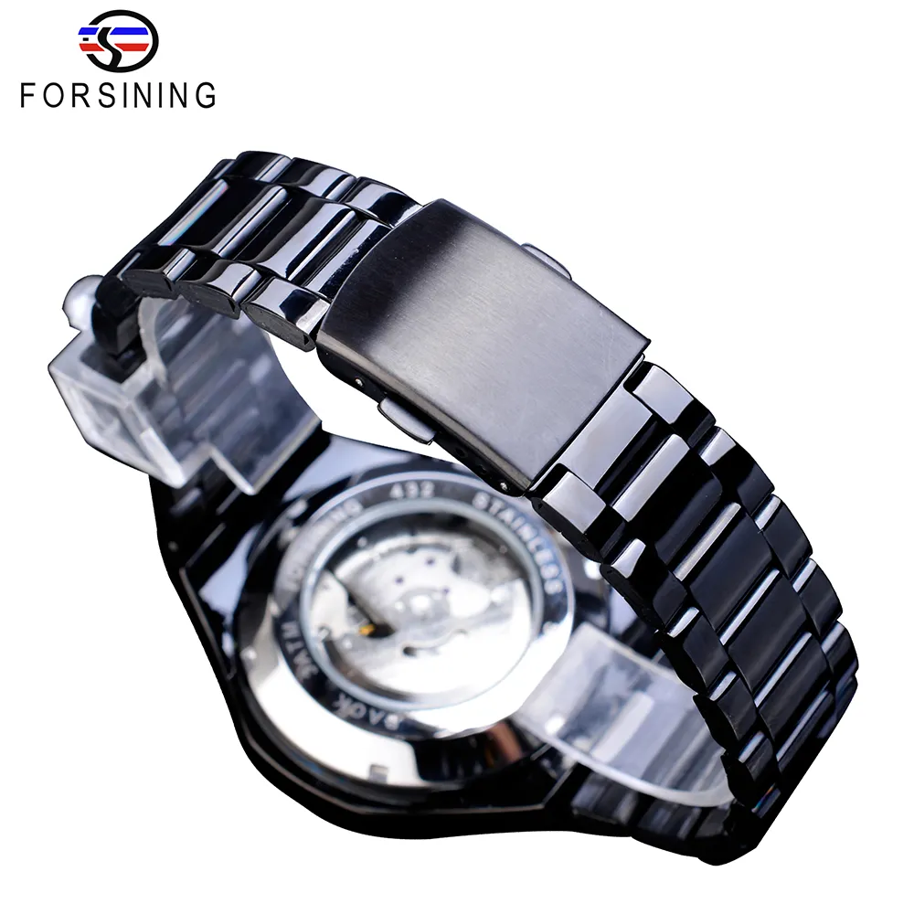 Forsining Relógio Automático Masculino Preto Auto-Vento Velocidade Carro Masculino Data Pulseira de Aço Militar Pulso Mecânico Relojes Hombre248M