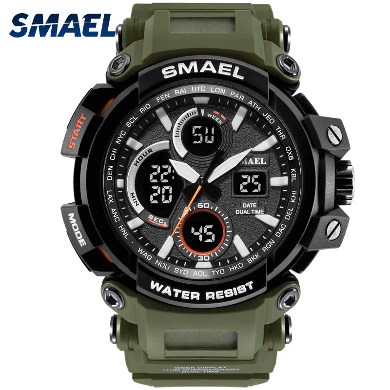 Smael Sport Watch for Men New Dual Time Afficher l'horloge masculine étanche à la montre de bracelet résistant aux chocs numérique 1708323p